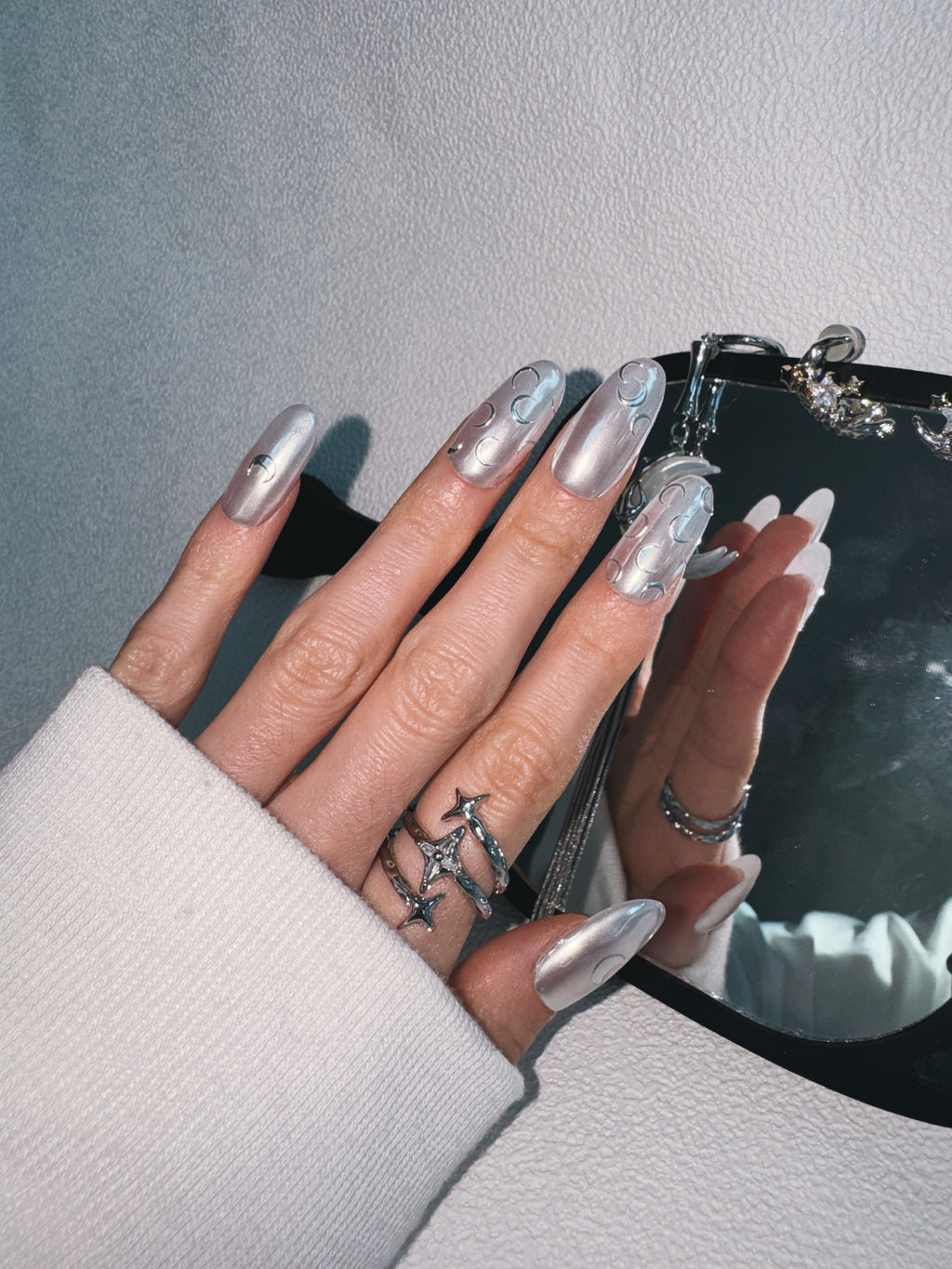 Moonlit Cosmos - SILVER SATELLITE Nails | Galaxy Aura Press-Ons