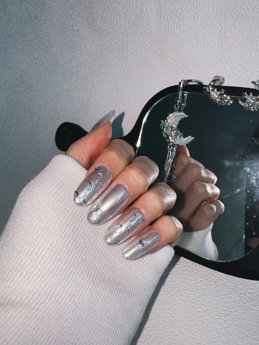 Moonlit Cosmos - SILVER SATELLITE Nails | Galaxy Aura Press-Ons